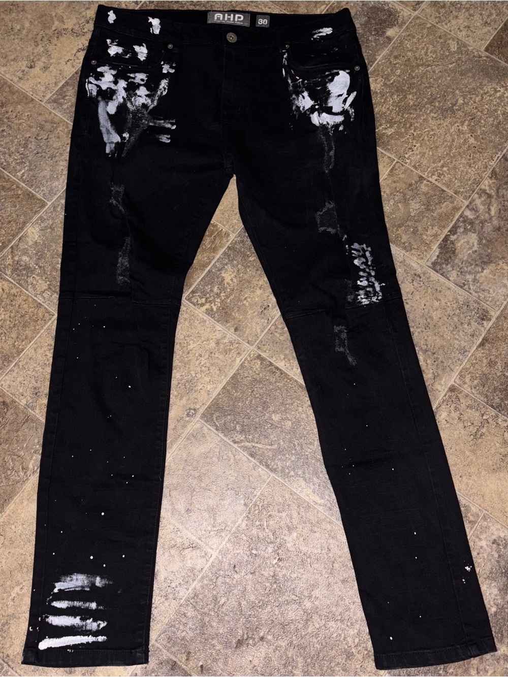 AHP JEANS Black Distressed Men’s Jeans with White Paint Details